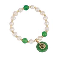 Cultured Freshwater Pearl Brass Bracelet, with Freshwater Pearl & Crystal, gold color plated, elastic & for woman, white, 5mm Approx 17 cm 