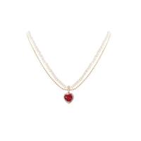Natural Freshwater Pearl Necklace, Zinc Alloy, with Cubic Zirconia & Freshwater Pearl, Heart, gold color plated, Double Layer & for woman, white Approx 46.5 cm 