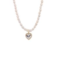 Natural Freshwater Pearl Necklace, Zinc Alloy, with Cubic Zirconia & Freshwater Pearl, Heart, gold color plated, for woman, white Approx 46 cm 