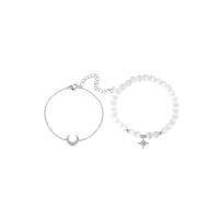 Cats Eye Bracelets, Zinc Alloy, with Cubic Zirconia & Cats Eye, with 6.3cm extender chain, Moon and Star, silver color plated, Double Layer & for woman, white Approx 16 cm 
