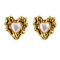 Brass Stud Earring, with Plastic Pearl, 925 thailand sterling silver post pin, Heart, real gold plated, for woman, mixed colors 