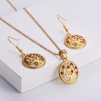 Rhinestone stainless steel Jewelry Set, 316L Stainless Steel, pendant & earring, 18K gold plated, three pieces & tree of life design & for woman & with rhinestone & hollow 