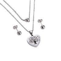 Fashion Stainless Steel Jewelry Sets, 316L Stainless Steel, Stud Earring & pendant, Heart, plated, three pieces & tree of life design & for woman & hollow 