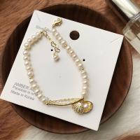 Cultured Freshwater Pearl Brass Bracelet, with Freshwater Pearl, anti-fatigue & micro pave cubic zirconia & for woman, golden Inch 