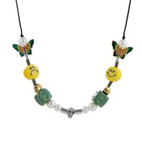 Fashion Sweater Chain Necklace, Stainless Steel, with Resin Pearl & zinc alloy pendant & Wax Cord, Smiling Face, silver color plated, Length Adjustable & butterfly design & Unisex, green Approx 60 cm 