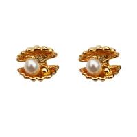 Freshwater Pearl Brass Earring, with Freshwater Pearl, Shell, real gold plated, for woman, mixed colors 