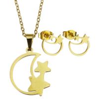 Fashion Stainless Steel Jewelry Sets, Stud Earring & necklace, Moon and Star, for woman & hollow, gold, 16*20mm,1.5mm,9*10mm Inch 