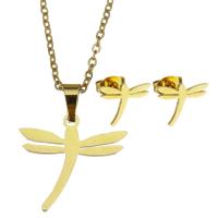 Fashion Stainless Steel Jewelry Sets, Stud Earring & necklace, Dragonfly, for woman, gold, 19*17mm,1.5mm,11*9mm Inch 