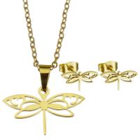 Fashion Stainless Steel Jewelry Sets, Stud Earring & necklace, Dragonfly, for woman, gold, 21*13mm,1.5mm,12*6mm Inch 