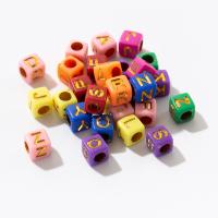 Acrylic Alphabet Beads, Square, DIY & with letter pattern & chemical wash, mixed colors 