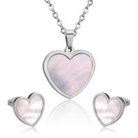Shell Jewelry Sets, Stainless Steel, Stud Earring & necklace, with White Shell, Heart, for woman, 25*23mm,11.5*11mm .72 Inch 