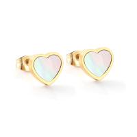 Stainless Steel Stud Earring, with White Shell, Heart, gold color plated, for woman 