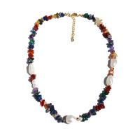 Gemstone Chip Necklaces, Brass, with Natural Stone & Freshwater Pearl, 18K gold plated, for woman, multi-colored, 8mm cm 