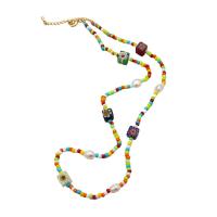 Freshwater Pearl Brass Necklace, with Seedbead & Freshwater Pearl & Lampwork, real gold plated, for woman, multi-colored, 8mm cm 