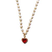 Freshwater Pearl Brass Necklace, with Freshwater Pearl, Heart, real gold plated, micro pave cubic zirconia & for woman 18mm cm 