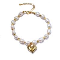 Cultured Freshwater Pearl Brass Bracelet, with Freshwater Pearl, Heart, 18K gold plated, for woman, mixed colors, 7mm cm 