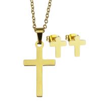 Fashion Stainless Steel Jewelry Sets, Stud Earring & necklace, Cross, for woman, golden, 13*23mm,1.5mm,8*10mm Inch 