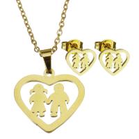 Fashion Stainless Steel Jewelry Sets, Stud Earring & necklace, Heart, for woman, golden, 19*18mm,1.5mm,9*8mm Inch 