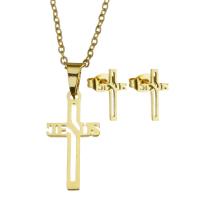 Fashion Stainless Steel Jewelry Sets, Stud Earring & necklace, Cross, for woman & hollow, golden, 11*21mm,1.5mm,7*12mm Inch 
