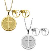 Fashion Stainless Steel Jewelry Sets, Stud Earring & necklace, Round, plated, with cross pattern & for woman 20*23mm,10mm Inch 