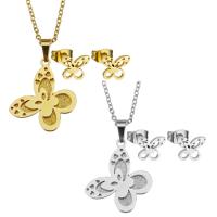 Fashion Stainless Steel Jewelry Sets, Stud Earring & necklace, Butterfly, plated, for woman 19*22mm,1.5mm,8*7mm Inch 