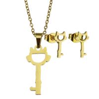Fashion Stainless Steel Jewelry Sets, Stud Earring & necklace, Key, for woman & hollow, golden, 11*22mm,1.5mm,5.5*11mm Inch 