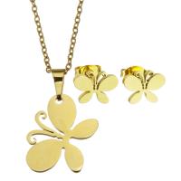 Fashion Stainless Steel Jewelry Sets, Stud Earring & necklace, Butterfly, for woman, golden, 17*19mm,1.5mm,10*8mm Inch 