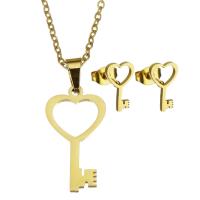 Fashion Stainless Steel Jewelry Sets, Stud Earring & necklace, Key, for woman & hollow, golden, 12*22mm,1.5mm,7*12mm Inch 