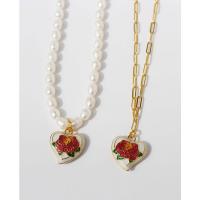 Freshwater Pearl Brass Necklace, with Freshwater Pearl, Heart, real gold plated, with flower pattern & for woman & enamel 20mm cm 