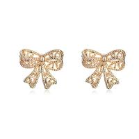 Brass Stud Earring, Bowknot, gold color plated, with heart pattern & hollow 