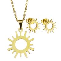 Conjuntos de joyería de acero inoxidable, Pendiente de stud & collar, sol, para mujer & hueco, dorado, 17.5*21mm,1.5mm,10mm, longitud:17 Inch, Vendido por Set