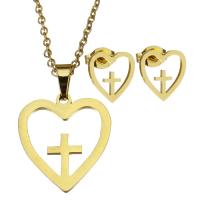 Fashion Stainless Steel Jewelry Sets, Stud Earring & necklace, Heart and Cross, for woman & hollow, golden, 17*19mm,1.5mm,10*10mm Inch 