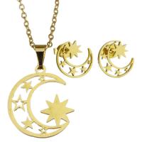 Fashion Stainless Steel Jewelry Sets, Stud Earring & necklace, Moon and Star, for woman & hollow, golden, 18*20mm,1.5mm,11*11mm Inch 