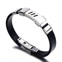Silicone Bracelet, with Stainless Steel, fashion jewelry & for man, black 