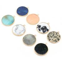 Mixed Gemstone Pendants, Natural Stone, Flat Round, plated, DIY 