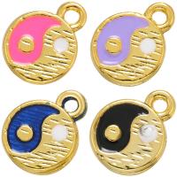 Enamel Brass Pendants, Flat Round, gold color plated, ying yang Approx 1.2mm 