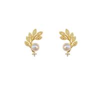 Zinc Alloy Rhinestone Stud Earring, with ABS Plastic Pearl, Leaf, plated, fashion jewelry & for woman & with rhinestone, golden 