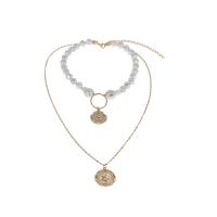 Mode-Multi-Layer-Halskette, Zinklegierung, mit ABS-Kunststoff-Perlen, mit Verlängerungskettchen von 3.94, plattiert, 2 Stück & Modeschmuck & unisex, Länge:22.44 ZollInch, verkauft von setzen