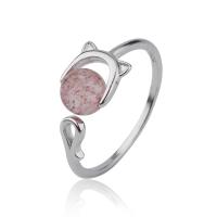 925 Sterling Silver Cuff Finger Ring, with Moonstone & Strawberry Quartz, Cat, plated & for woman 20mm, US Ring 
