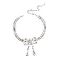 Fashion Choker Necklace, Zinc Alloy, with 5.51 extender chain, Bowknot, fashion jewelry & for woman & with glass rhinestone & with rhinestone, silver color .32 Inch 