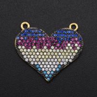 Cubic Zirconia Micro Pave Brass Pendant, Heart, gold color plated, DIY & Unisex & micro pave cubic zirconia & double-hole, mixed colors 