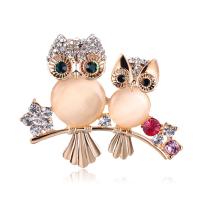 Cats Eye Brooch, Zinc Alloy, with Cats Eye & Crystal, Owl, for woman & with rhinestone, mixed colors 