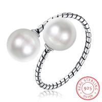 925 Sterling Silver Cuff Finger Ring, with Plastic Pearl, plated, adjustable & for woman, 8mm, US Ring 