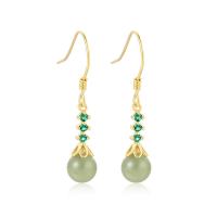 Gemstone Drop Earring, 925 Sterling Silver, with Hetian Jade & Green Calcedony, gold color plated & for woman & with rhinestone 0.6mm 