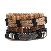 Fashion Create Wax Cord Bracelets, Cowhide, with Linen & Coco & PU Leather & Wax Cord & Copper Coated Plastic & Zinc Alloy, 4 pieces & Adjustable & handmade & Unisex, 17-18cm,6cm 