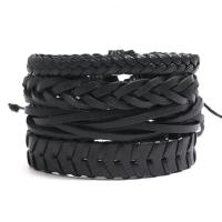 PU Leather Cord Bracelets, Cowhide, with PU Leather & Wax Cord, 4 pieces & Adjustable & handmade & Unisex, black, 17-18cm,6cm 