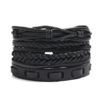 PU Leather Cord Bracelets, Cowhide, with PU Leather & Wax Cord, 4 pieces & Adjustable & handmade & Unisex, black, 17-18cm,6cm 