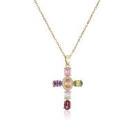 Cubic Zircon Micro Pave Brass Necklace, Cross, 18K gold plated, micro pave cubic zirconia & for woman Approx 15.74 Inch 