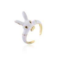 Brass Cuff Finger Ring, Rabbit, gold color plated, for woman & enamel, white, 18mm 