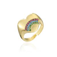 Zircon pavent l'anneau en laiton de doigt, coeur, Placage de couleur d'or, Réglable & conception de l’arc en ciel & pavé de micro zircon & pour femme, 18mm, Vendu par PC